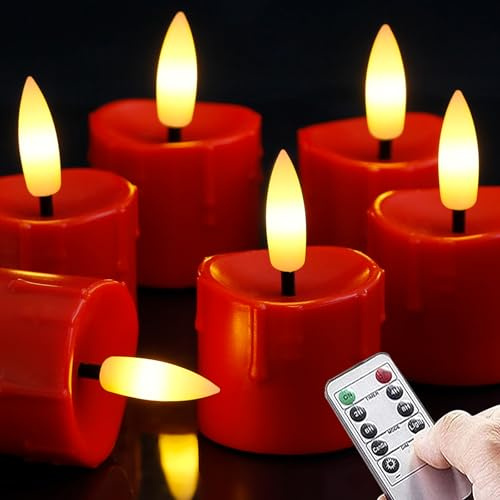 Yeelida Velas LED de plástico sin llama con mando a distancia y temporizador de 4 cm x 6,5 cm con pilas, paquete de 6 velas de borgoña eléctricas parpadeantes que funcionan con pilas