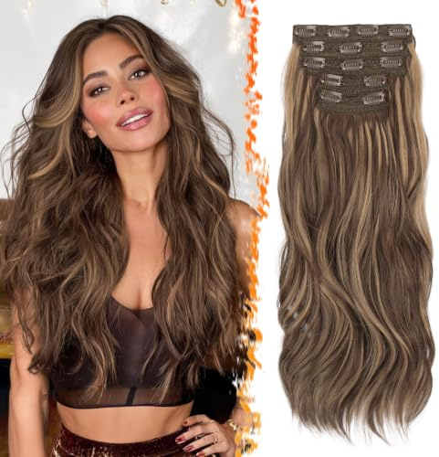 BARSDAR Clip in Haarverlängerungen Highlight, 50cm 5PCs Wellige Clip in Extensions für Frauen Haarextension Natürliches Look Synthetisches Haarteil Hair Extensions - Braun mit Honigblond
