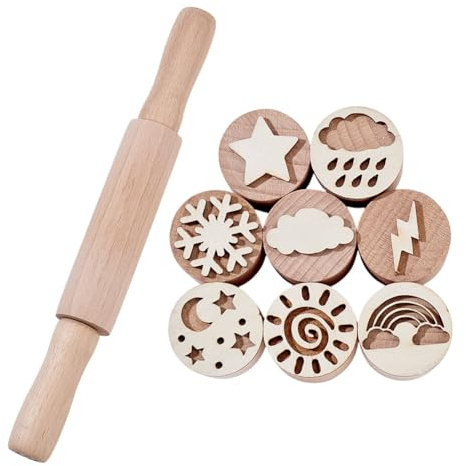 NBEADS 9 Pcs Wooden Playdough Stamps and Rolling Pin, Weather Theme Playdough Tool Set for Clay Dough Cut and DIY Projects