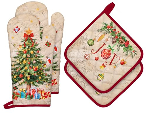Arquiel Weihnachten Ofenhandschuh und Topflappen 4er-Set Baumwolle | Baumwoll-Küchenset mit Weihnachten-Motiv, hitzebeständig und praktisch zum Kochen, Backen und Grillen.