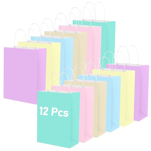 Hiziwimi 12 Stück Papiertüten mit Henkel, 16x8x22cm, 6 Farben für Geschenke | Kraftpapier, bunt, kleine Geschenktüten, Papiertragetaschen für Partys, Weihnachten, Feiern, Hochzeiten, small party gift bag