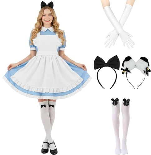 Tvnxdgl Costume da Alice da donna, vestito da cameriera del Paese delle Meraviglie, vestito da Lolita, per Halloween, cosplay, cameriera, guanti, fascia e calzini, Blu, Small