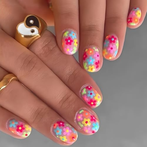Short Square False Nails - 24Pcs Sweet Fake Nail with Colourful Flower Design - Cute Pink Glue-on Press on Nails - Coffin Glossy Stick on nail Full Cover Removable Artificial Women Girls Nail Art