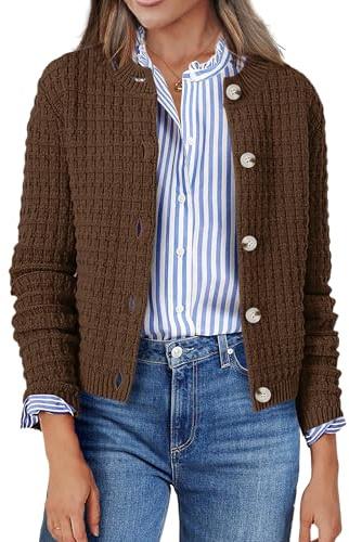 Zeagoo Cárdigan de punto para mujer, manga larga, cuello redondo, botones, chaqueta de punto frontal abierta, suéter elegante para mujer