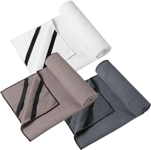 Hahafelt 3 Pack Hot Yoga Mat Towel Non Slip Microfiber Pilates Towel with Grip Dots & Elastic Straps, 72 x 26 Absorbent Sweat Anti-Slip Hot Yoga Gym Mat for Fitness Workout(Beige Dark Gray Coffee)