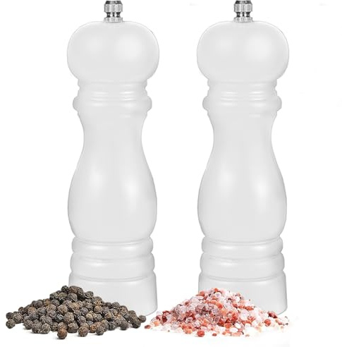 BOCHION Moulin a Poivre, Lot de 2 Moulin Sel Poivre Manuel en Bois, Réglables Broyeur D'épices en Céramique, Salieres et Poivrieres Rechargeables pour Sel de Mer, Piment, Poivrier, Cumin (Blanc)