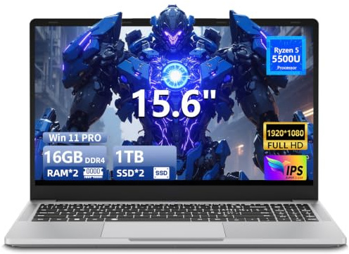 KeeUiU Ordinateur Portable 15,6 Pouces, Ryzen 5 5500U PC Portable, 16 Go de RAM SSD 1 to Laptop, Carte Graphique Radeon, écran IPS Full HD, Ports USB Type-C, USB 3.0 et HDMI, Clavier rétroéclairé