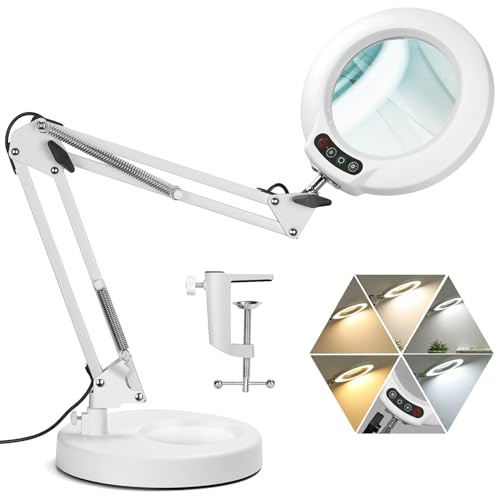 Veemagni 12X Lupe mit Licht, 5 Farbmodi Stufenlos Dimmbar 2-in-1 Schreibtischlampe und Klemme, LED Beleuchtete Lupe mit Licht und Ständer, Hände Frei für Handwerk Hobby Malerei Schließen Arbeit- Weiß