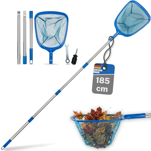 bonsport Pool Kescher feinmaschig 185cm - Teichkescher mit Teleskopstange - Laubkescher für Pool, Teich, Whirlpool, Algen, Gartenteich – Poolkescher fein Poolreinigung Pool Skimmer