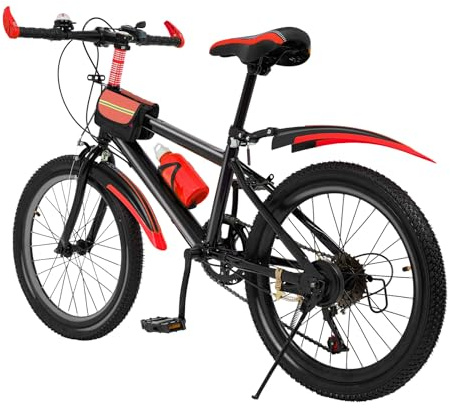 20 Zoll Kinder Mountainbike für Jungen Mädchen, 7 Geschwindigkeit Kinder Fahrrad vorne und hinten Doppelbremse für Höhe 1.3-1.5m, Kinder Fahrrad mit Fendern, Wasserflasche und Kompass, 85KG