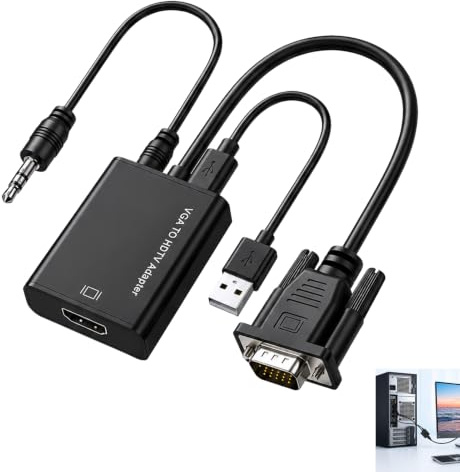 Ihteyuo Adaptador VGA a HDMI, Convertidor VGA a HDMI 1080p con Audio 3.5mm y USB para Alimentación Macho a Hembra para PC Portátil Monitor Proyector TV Transmisión de Video y Audio Compatible