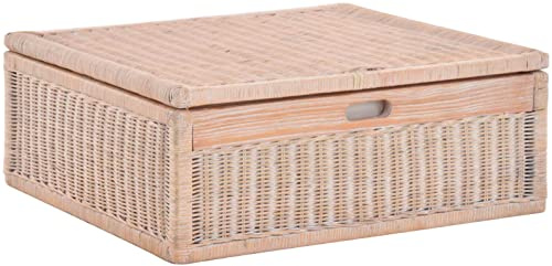 Large Rattan Underbed Drawer 64 x 58 x 25 cm / Underbed Storage Box with Lid Bed Box Basket Clothes Storage Box (Vintage White)