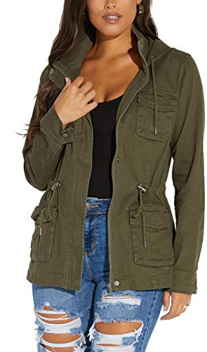 SheKiss Women's Zip Up Safari Military Anorak Jackets Camouflage Lightweight Outwear Coat with Pockets, Army Green, Medium