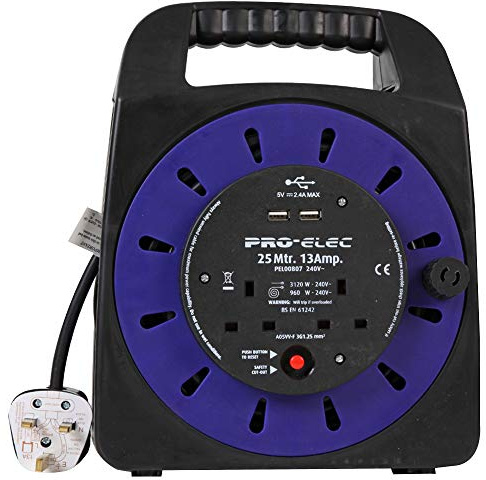 Pro Elec PEL00807 13A 2-Gang Handbag Reel mains Extension with 2x USB Charging Ports, 25 m