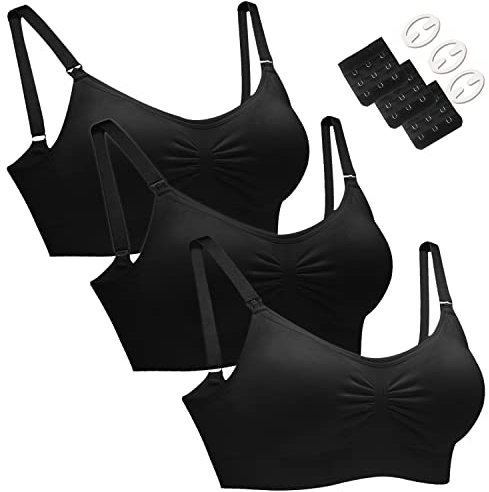 HOFISH Maternity Nursing Bras Seamless 3 Pack Sleep Bralette for Breastfeeding with Free Bra Extenders & Clips(Black,XXL)