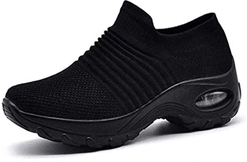 Zapatillas de deporte para mujer, sin cordones, para caminar, tenis, correr, trabajo de malla transpirable, ligero, cómodo, cojín de aire, zapatos antideslizantes, Negro 2, 40 EU
