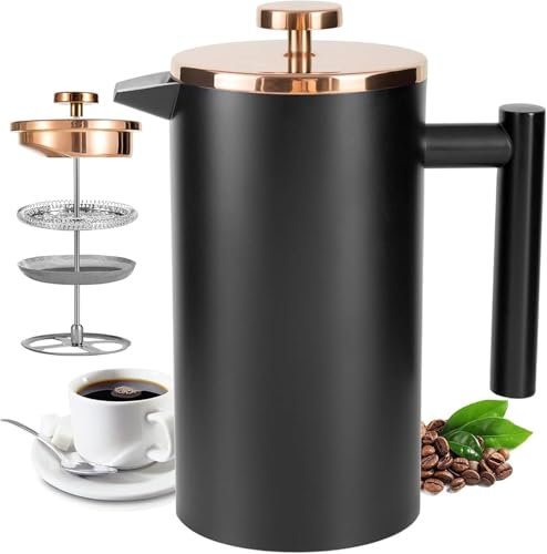 Miuly Prensa de café grande de 34 onzas, prensa francesa de acero inoxidable negro con aislamiento de doble pared con tapa de oro rosa, 2 filtros adicionales y posavasos (34 onzas, negro)