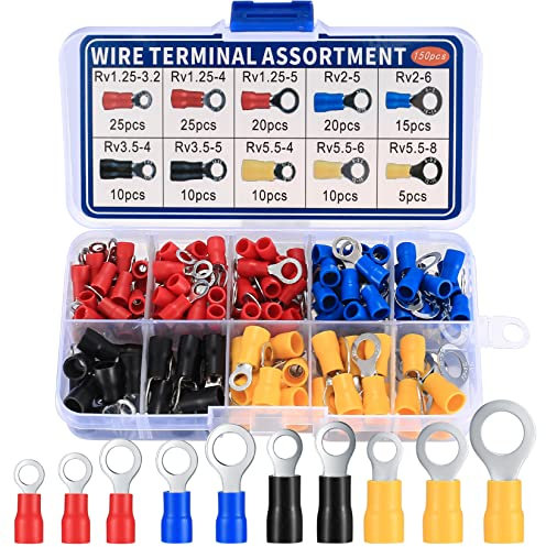 150 Pcs Ring Crimps Terminals Connectors, Insulated Electrical Terminals Wiring Connectors O-Type Assortment Kit for Automotive Car Motorcycle Repairs