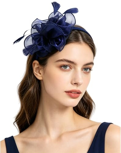 SIQITECH Fascinator Hut Damen Haarschmuck mit Mesh Feder Kopfbedeckung Große Blume Dekoration Haar Clip Braut Elegant Stirnband Vintage Klassisch Organza Hut für Karneval Kirche Cocktail Tee Party