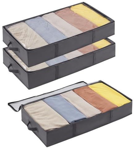 Lifewit 3 Stück 65L Unterbett Aufbewahrungsbox, Unterbettkommode, Faltbare Kleideraufbewahrungstasche mit Deckel für Bettdecken, Kleidung, Unterbett Kleiderschrank, Grau