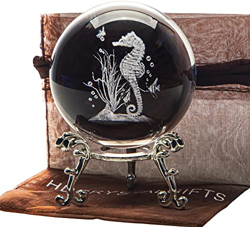 HDCRYSTALGIFTS 60mm 3D Seahorse Crystal Ball Figurine Gifts for Women Men Glass Laser Engraved Animal Seahorse Crystal Ball with Stand Paperweight Glass Ball Ornaments Decorations Gifts for Lovers