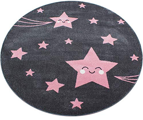 Carpetsale24 Runder Kinderteppich Fröhliche Sterne Ø160 cm – Großer Teppich in Rosa – Hautsympathisch & Kindlich