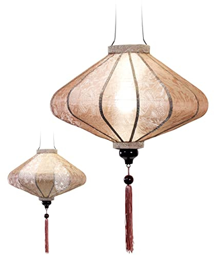 Asiatische Laterne aus Seide, Durchmesser 45 cm, Farbe Champagner, reflektierend, Rosa – Traditioneller Hoi an Lampion aus Stoff, Bambus und Holz – Dekoration und Handwerk aus Vietnam (P25-BE)