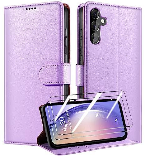 QHOHQ Handyhülle für Samsung Galaxy A54 5G Hülle + 2 Stück Panzer Schutz Glas, Premium PU Schutzhülle, [RFID Anti-Diebstahl Schutz], Magnetisches Flip Case für Samsung A54 5G - Violett