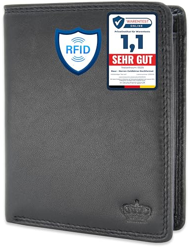 Baur Herren Geldbörse – Echtes Leder mit RFID-Schutz – Großes Portemonnaie im Hochformat aus Nappa-Leder mit 8 Kartenfächern – Großes Münzfach (Hochformat Standard, Schwarz)