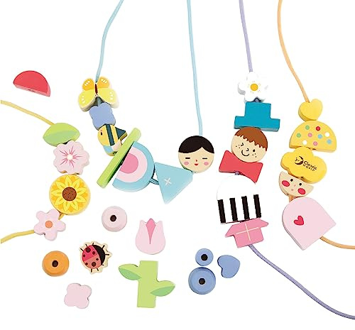 Classic World Fädelkette Figuren | mit 73 Teilen | Blumen, Bienen und Figuren | Lernspielzeug | für Jungen und Mädchen ab 3 Jahre | Motorikspielzeug | Holzspielzeug | kreatives Holzspielzeug