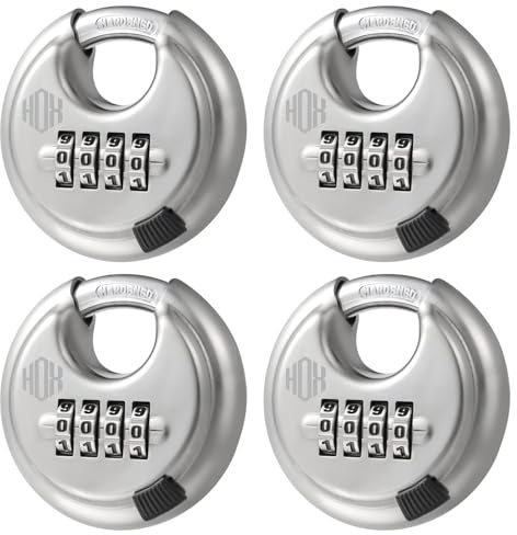 HOX Combination Lock, 4 Digit Disc Padlock with 3/8 Inch Hardened Steel Shackle, 2-3/4 Inch Wide Body, Keyless Heavy Duty Combo Lock for Hasp Latch, Sheds, Fences, Storage Locker (4 Pack)