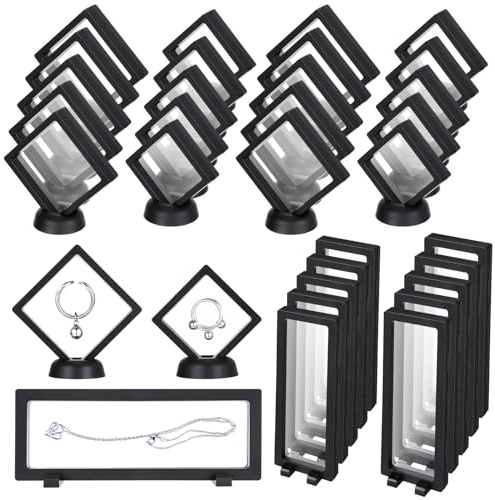 Hoemwarm 30 Pack 3D Floating Display Stand Floating Frame Display Case Coin Display Holder with Base Transparent PE Jewelry Storage Box Black Freeze Seal Frame for Jewelry,Specimen,Medallions(Black)