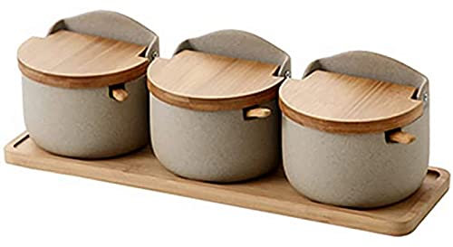 JTBDWOSK Cerámica Elegante De Cristal De Especias Creativas, Bambú Tapa De Especias Botella De Especias Simple Caja De Spice Neta Salero Rojo Coctelera Conjunto De Tres Piezas,Beige
