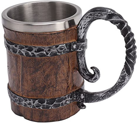 Chope à Bière Viking, Chope à Bière En Tonneau En Bois Avec Poignée, Chope Médiévale En Acier Inoxydable 304 à Double Paroi Imitation Bois Pour Bar, Restaurant, Maison
