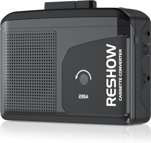 Reshow Portable Cassette Player Tape Recorder Full Stereo Sound, Cassette to MP3 Digital Converter, Walkman Cassette Tape Player with Microphone & Built-in Speaker Reverse Recording to Tape (Black)