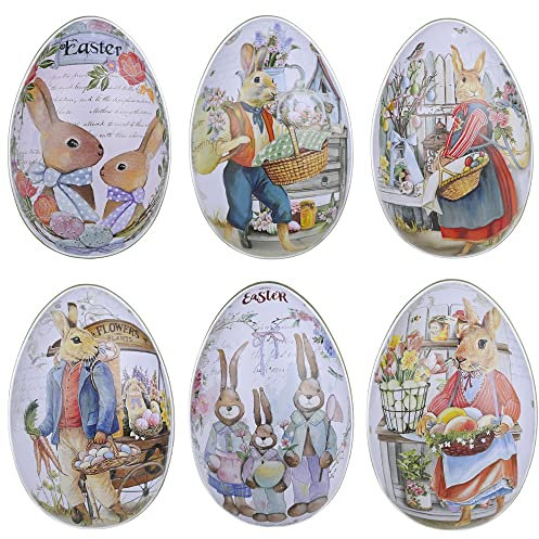 FaJoek 6pcs Huevos de Pascua de Metales, Caja de lata con conejo de Pascua, Tarro de Metal Dulces de Huevos de Pascual, Caja de Dulces Huevos de Pascual, Lata de Metal de Huevos de Pascua（L）