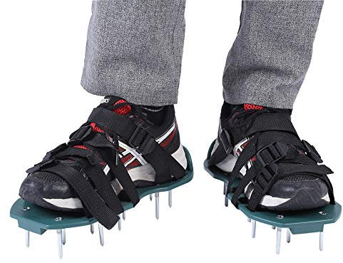 WOOXGEHM 1 Doppel Rasenbelüfter Schuhe, Spike Schuhe Zum Hacken Von Losem Boden, Boden Terrassenbelüfter Werkzeug, mit Nieten Vormontierte Belüftete Schuhe für Belüfteten Terrassen(4 Riemen)