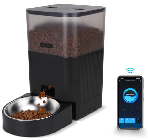 Nobleza - Distributore Automatico di Cibo per Gatti e Cani - 4.2L con Timer Programmabile, Registrazione Vocale 10s, Ciotola in Acciaio Inox 304, WiFi 2.4G - Mangiatoia Automatica (Nero)