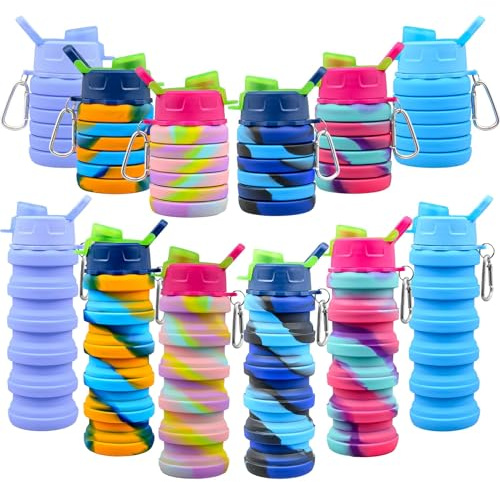 12 Pack Collapsible Water Bottles Bulk for Kids, 500 ml Silicone Bottles | Foldable Drinks Bottles with Carabiner, Party Bag Cups for School, PE and Group Travel
