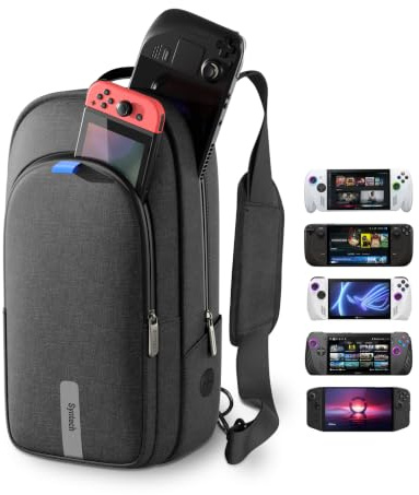 Syntech Carrying Case Compatible with Steam Deck OLED/ROG Ally X/Legion Go S, Sling Bag for Nintendo Switch 2/PS Portal, Portable Travel Bag for Consoles & Accessories with Large Storage Space, Black | 3-Layer Protection, 3 Compartments, Cable Pass-Through and Large Storage for Consoles & Accessories, Crossbody Travel Bag