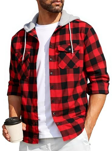 SwissWell Camisa a Cuadros Hombre Camisa de Franela para Hombre Sudaderas de Leñador de Manga Larga Exteriore Camisa Casual con Capucha Rojo L