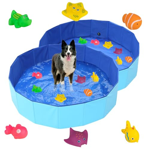 Recitem Katzenpool, Hundepool Spielzeug mit Fisch Spielzeug, Tragbares Katzenpool Hundepool, Interaktives Katzenspielzeug, Klein Planschbecke, Sommer Wasserspielzeug für Katze Hund (50cm × 10cm * 2)