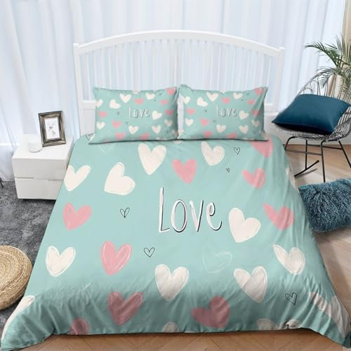 Copripiumino Verde Copripiumino per adolescenti e adulti Cuore d'amore minimalista Copripiumini con stampa 160 x 200 cm Morbida microfibra con chiusura a cerniera