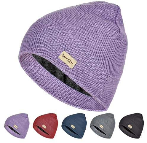 Sukeen Berretto invernale impermeabile antivento da uomo e da donna, in maglia calda, con fodera in pile polare, classico, unisex, per sport all'aria aperta, corsa, ciclismo, Lilla, 56-62