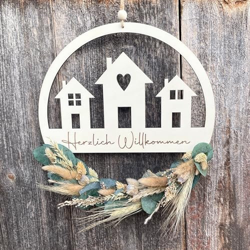 Willkommensschild I Trockenblumenkranz I Türkranz Trockenblumen I Herzlich Willkommen Türhänger I Innenbereich I ganzjährig I personalisierbar (24cm, Naturtöne) (24cm, Naturtöne)