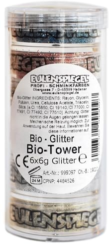 Eulenspiegel - Glitzer Tower, 6 x 6 g | Wasserlöslicher Kosmetikglitter für Gesicht & Körper, für Karneval, Festivals & Mottopartys