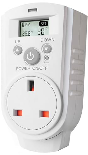 EconoHome Digital Plug in Thermostat - Programmable Thermostat with LCD Screen, Temperature Control & Power Buttons - Compatible with Wall Mount & Portable Heater, Air Cooler, Greenhouse Fans