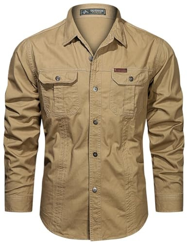 PADOLA Chemise Homme Manches Longues Slim Fit Coton Boutonnée Chemises avec Poches Col Rever Chemise de Travail Cargo Uni Chemisette Militaire Tactique Shirt Safari Habit (0 Kaki, L)