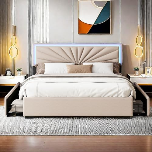 KOOPMAD Cama tapizada 160 x 200 cm, cama doble con 4 cajones de almacenamiento, cabecero con luces LED, montaje fácil, camas y marco de cama para adultos, sin colchón, lino, beige
