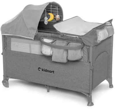 kidnort Stugan Baby Reisebett mit Beistellfunktion Babybett Wickelauflage Moskitonetz Matratze Seiteneinstieg Rollen Faltbar Tragetasche Für Zuhause Und Reise Schlafen Wickeln Hellgrau